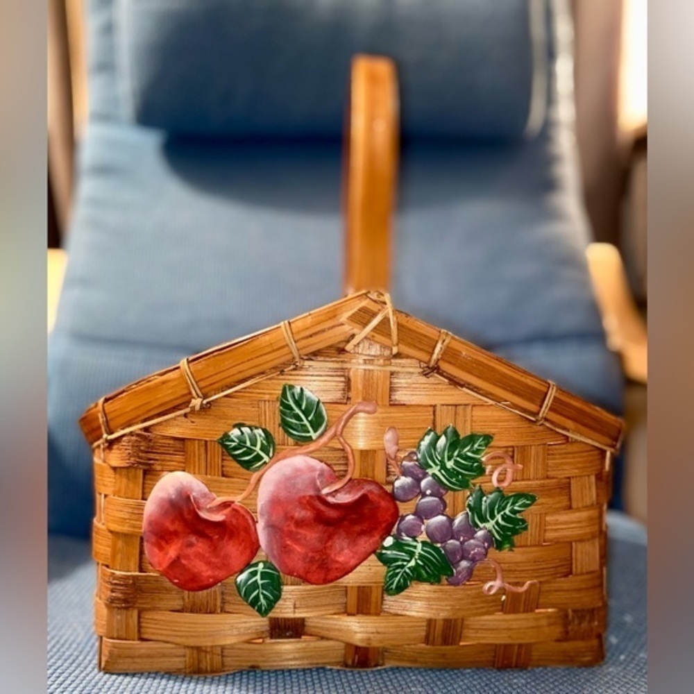 3/55$ Home Wooden harvest basket with handle metal design of apple and grapes